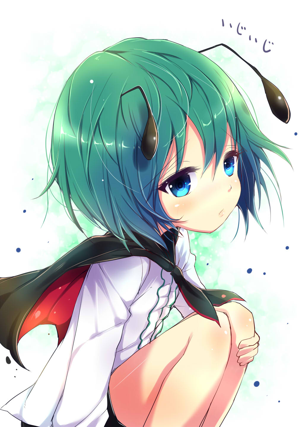 1girl, antennae, blue_eyes, cape, green_hair, highres, short_hair, shorts