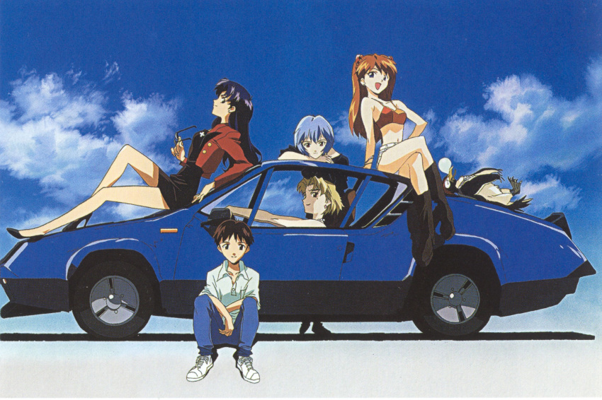 ayanami_rei, bird, blonde_hair, blue_hair, boots, car, cloud, clouds, earrings, highres, ikari_shinji, jewelry, katsuragi_misato, left-hand_drive, long_hair, motor_vehicle, neon_genesis_evangelion, penguin, penpen, red_hair, redhead, renault, renault_alpine_a310, scan, short_hair, sitting_on_car, sky, sleeping, smile, soryu_asuka_langley, souryuu_asuka_langley, twintails, vehicle