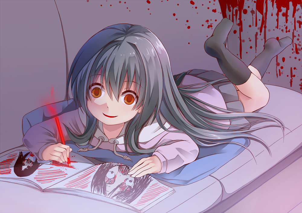 1girl, aura, bangs, black_hair, black_legwear, black_skirt, blood, blood_splatter, book, child, child_drawing, colored_pencil, commentary, creek_(moon-sky), drawing, empty_eyes, evil_smile, full_body, hair_between_eyes, hood, hoodie, long_hair, long_sleeves, looking_at_viewer, lying, on_stomach, original, pencil, skirt, smile, socks, solo, very_long_hair, yandere, yellow_eyes, youjo_(creek_(moon-sky))