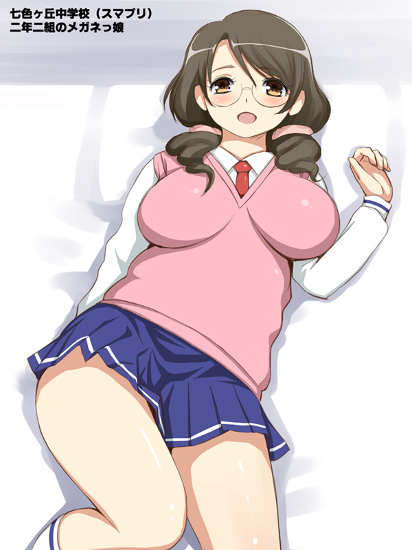 1girl, blue_skirt, blush, breasts, brown_eyes, brown_hair, fujikawa_ami, glasses