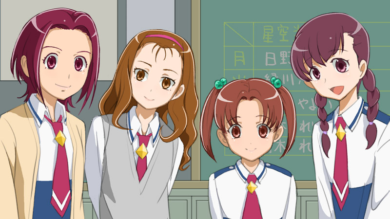 4girls, :d, braid, brown_eyes, brown_hair, classroom, hair_bobbles, hair_ornament, hairband, kanemoto_hiroko, kashimoto_mayuka, long_hair, looking_at_viewer, multiple_girls, necktie, okada_mayu, onoushiro_kiyomi, open_mouth, oprecho9, precure, red_eyes, red_necktie, redhead, school_uniform, short_hair, short_twintails, smile, smile_precure!, sweater_vest, twin_braids, twintails, upper_body