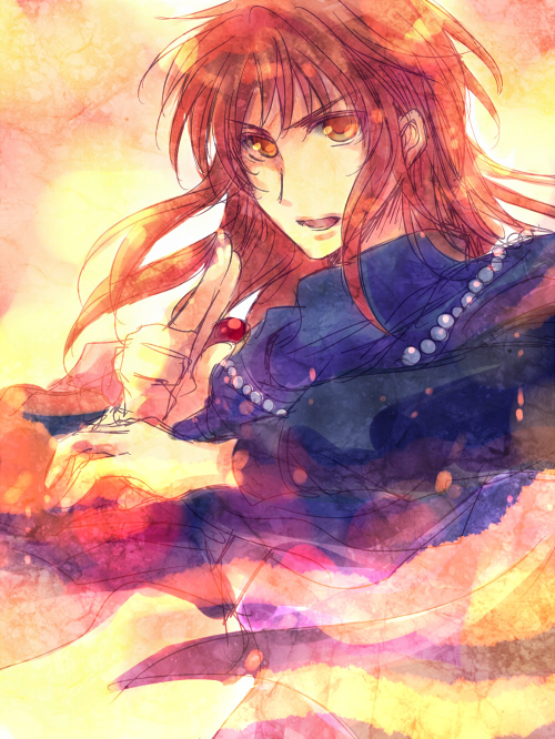1boy, cape, fire, harushino, long_hair, open_mouth, orange_eyes, redhead, rishel, solo, tear_ring_saga