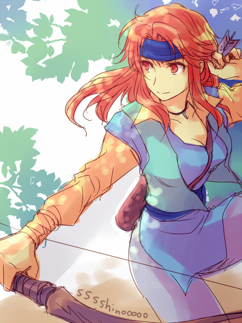 1girl, arrow, artist_name, bow_(weapon), harushino, headband, jewelry, long_hair, necklace, orange_eyes, orange_hair, raquel_(tear_ring_saga), solo, tear_ring_saga, weapon