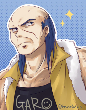 1boy, artist_name, bald, blue_eyes, blue_hair, character_name, garo_(tear_ring_saga), harushino, lowres, scar, solo, sparkle, tear_ring_saga
