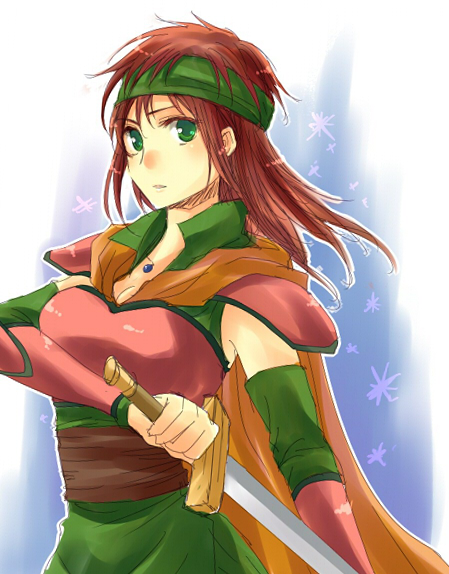 1girl, breasts, cape, cleavage, green_eyes, harushino, headband, julia_(tear_ring_saga), long_hair, pauldrons, redhead, simple_background, solo, sword, tear_ring_saga, weapon