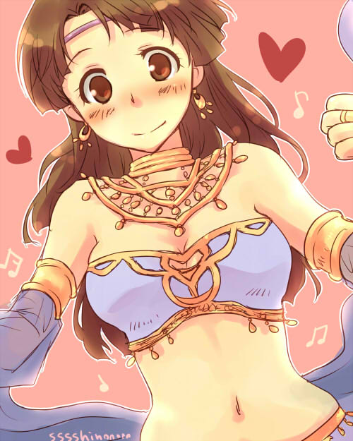 1girl, artist_name, blush, breasts, brown_eyes, brown_hair, circlet, cleavage
