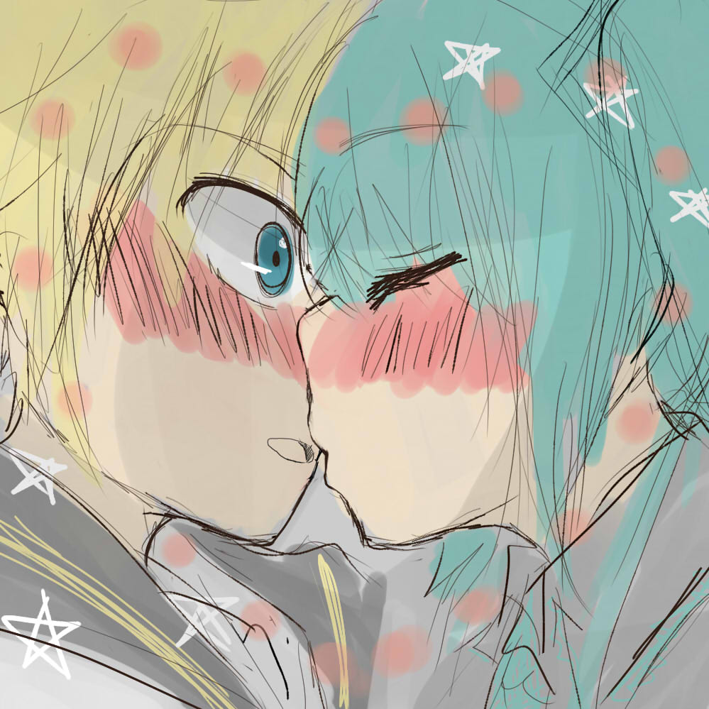 1boy, 1girl, april_(aprilmayu), aqua_hair, blonde_hair, blue_eyes, blush, closed_eyes