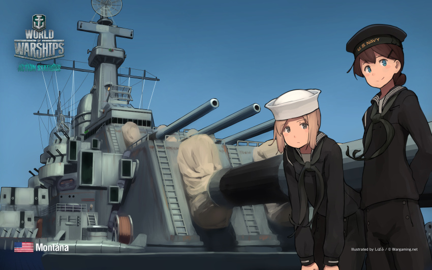 2girls, battleship, blue_eyes, brown_eyes, copyright_name, dress, english, expressionless