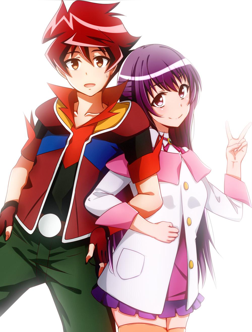 1boy, 1girl, archibald_(adahalt389zp), bashin_dan, battle_spirits:_brave, belt, blush, highres