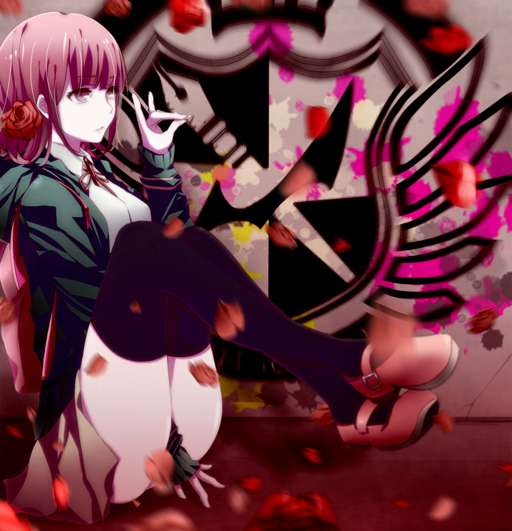 1girl, archibald_(adahalt389zp), backpack, bag, between_legs, black_legwear, dangan_ronpa, emblem
