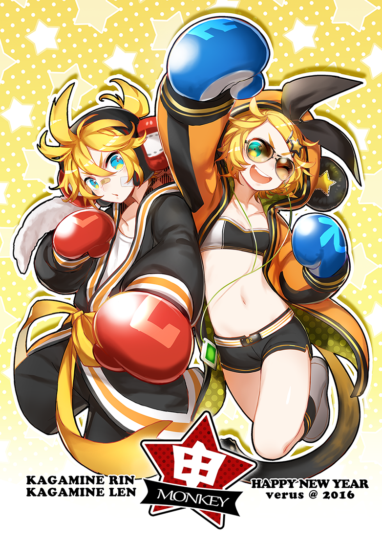 1boy, 1girl, 2016, ;d, animal_hood, bandaid, bandaid_on_nose, blonde_hair, blue_eyes, boxing_gloves, character_name, digital_media_player, earphones, earphones, happy_new_year, hood, hoodie, kagamine_len, kagamine_rin, monkey_hood, monkey_tail, new_year, one_eye_closed, open_mouth, short_shorts, shorts, smile, star, strapless, sunglasses, towel, tubetop, verus, vocaloid