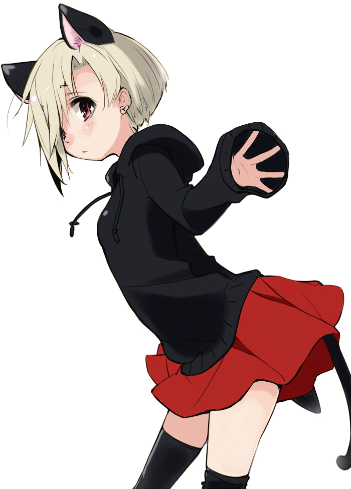 1girl, animal_ears, bags_under_eyes, black_legwear, blonde_hair, blush, cat_ears, cat_tail