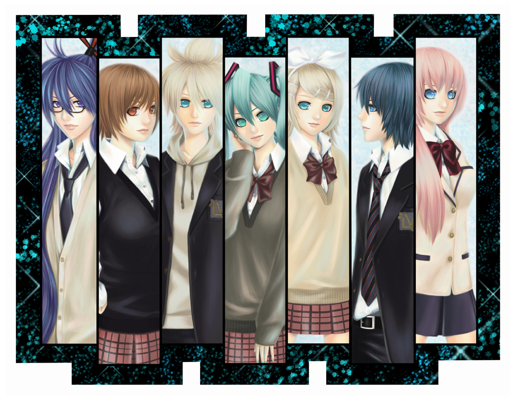 aqua_hair, blonde_hair, blue_eyes, blue_hair, brown_eyes, brown_hair, column_lineup, everyone