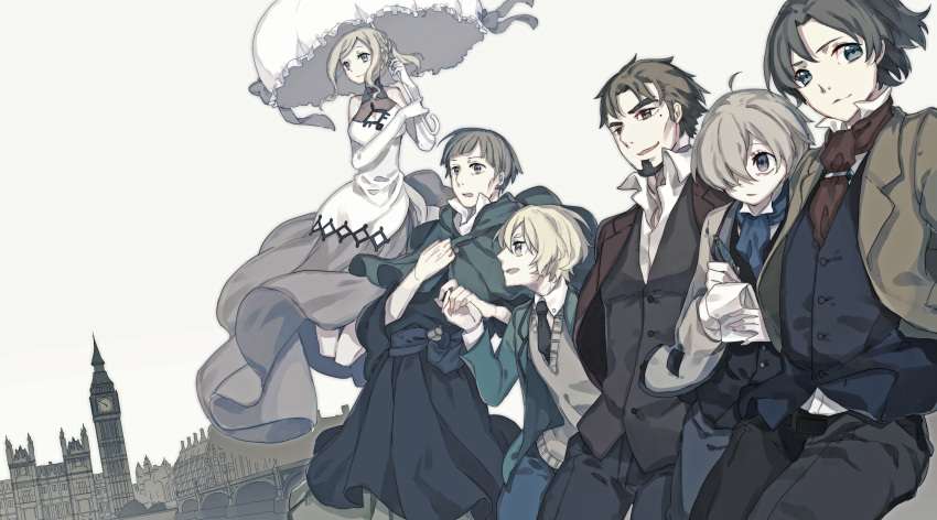1girl, 5boys, absurdres, alexei_karamazov_(shisha_no_teikoku), black_hair, blonde_hair, brown_hair, frederick_burnaby_(shisha_no_teikoku), friday_(shisha_no_teikoku), hadaly_lilith, highres, john.h_watson_(shisha_no_teikoku), kitton_(hekiku13), london, long_hair, multiple_boys, nikolai_krasotkin_(shisha_no_teikoku), shisha_no_teikoku, short_hair