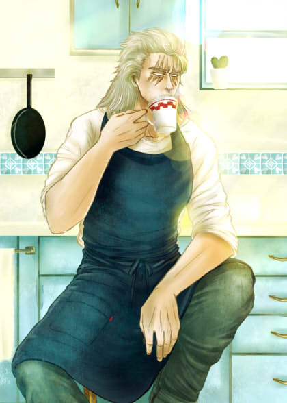 1boy, apron, ceramics, chair, cup, denim, drinking, drinking_cup