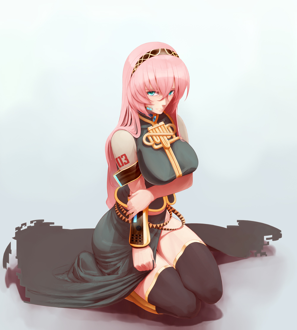 aqua_eyes, bad_id, belt, black_legwear, black_thighhighs, breasts, headset, huge_breasts, kneeling, kurohachi, long_hair, long_skirt, megurine_luka, pink_hair, side_slit, solo, tattoo, thigh-highs, thighhighs, thighs, very_long_hair, vocaloid