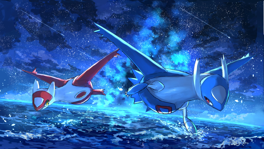 flying, highres, latias, latios, night, night_sky, no_humans, ocean