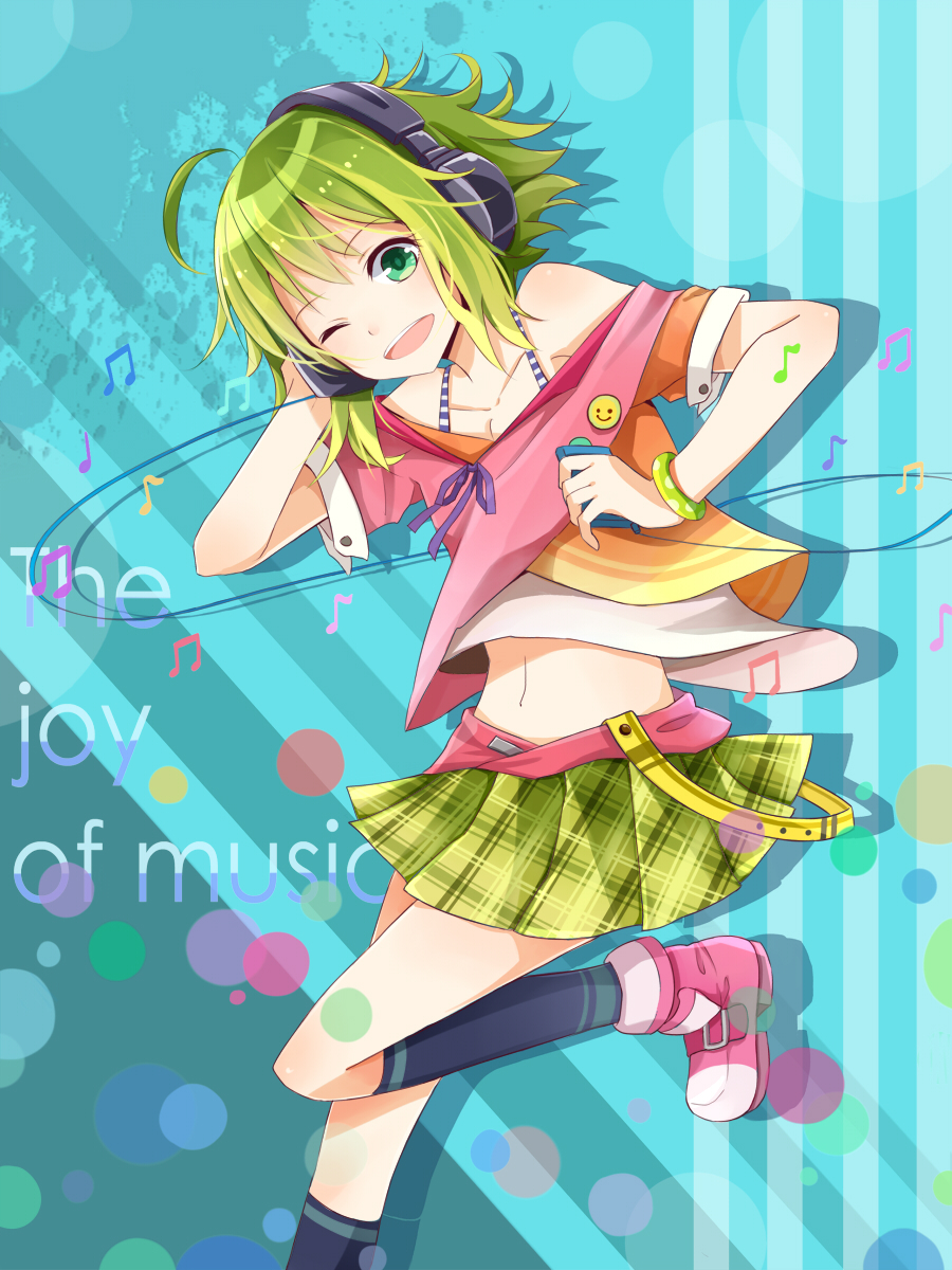 1girl, ;d, ahoge, ankle_boots, badge, bare_shoulders, blue_background, blue_legwear