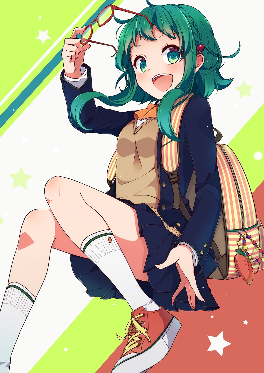 ahoge, backpack, bag, bespectacled, blazer, blue_skirt, blush, bow