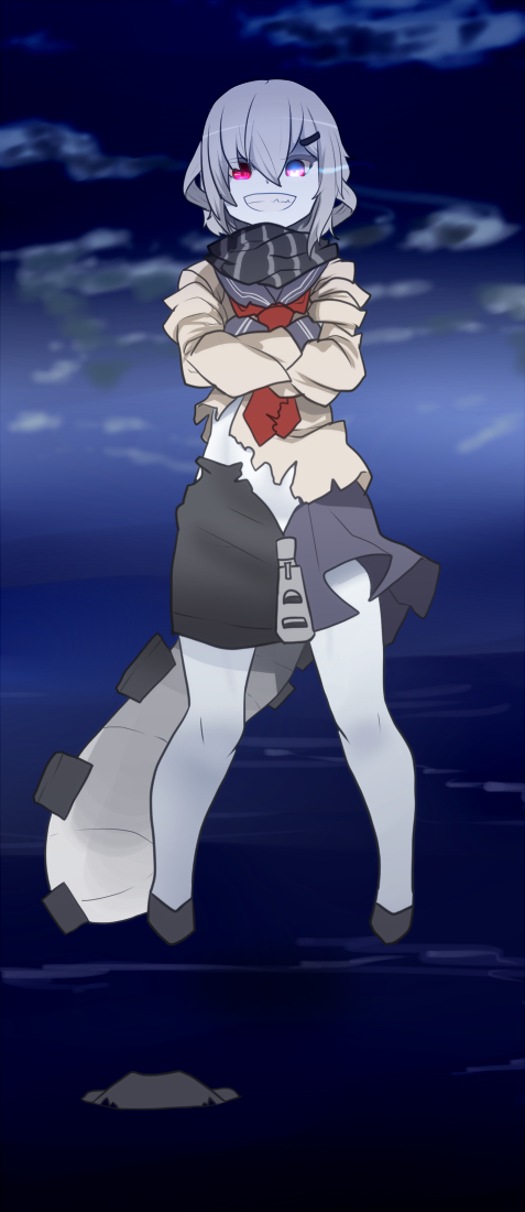 1girl, commentary_request, corruption, crossed_arms, dark_persona, fangs, glowing, glowing_eyes