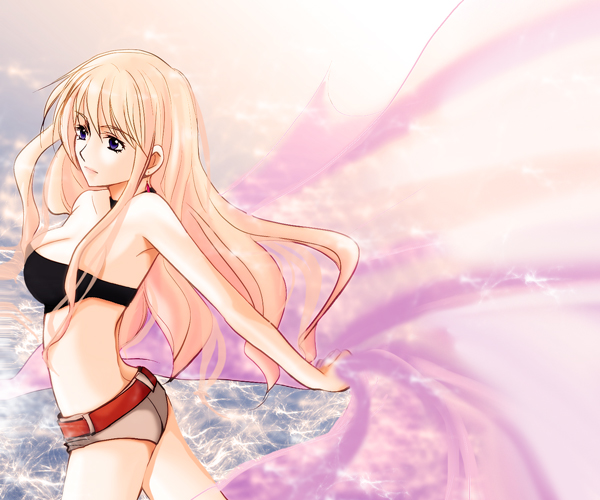 bare_shoulders, belt, blonde_hair, blue_eyes, bra, butt_crack, choker, dcvermeer