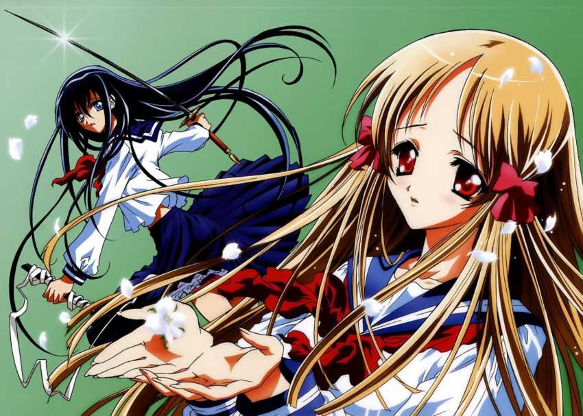 highres, long_hair, official_art, skirt, skirt_lift, slip_showing, sword, weapon