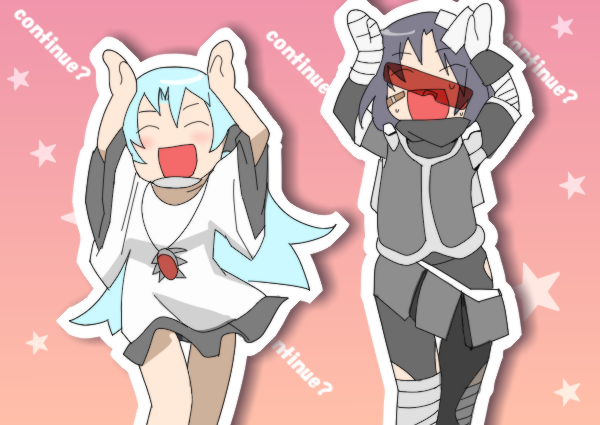 1boy, 1girl, ^_^, asupirin, bandages, blue_hair, bodysuit, brother_and_sister