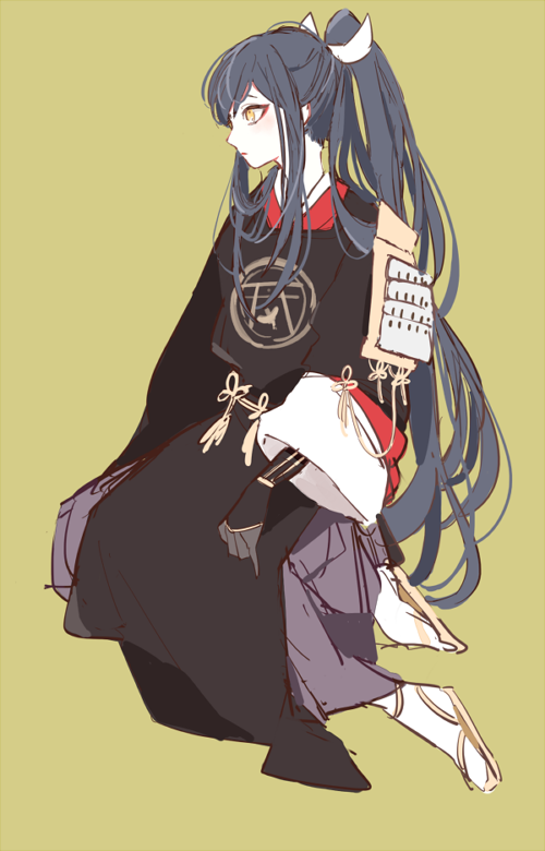 1boy, armor, black_hair, eyeshadow, gloves, green_eyes, high_ponytail, japanese_armor
