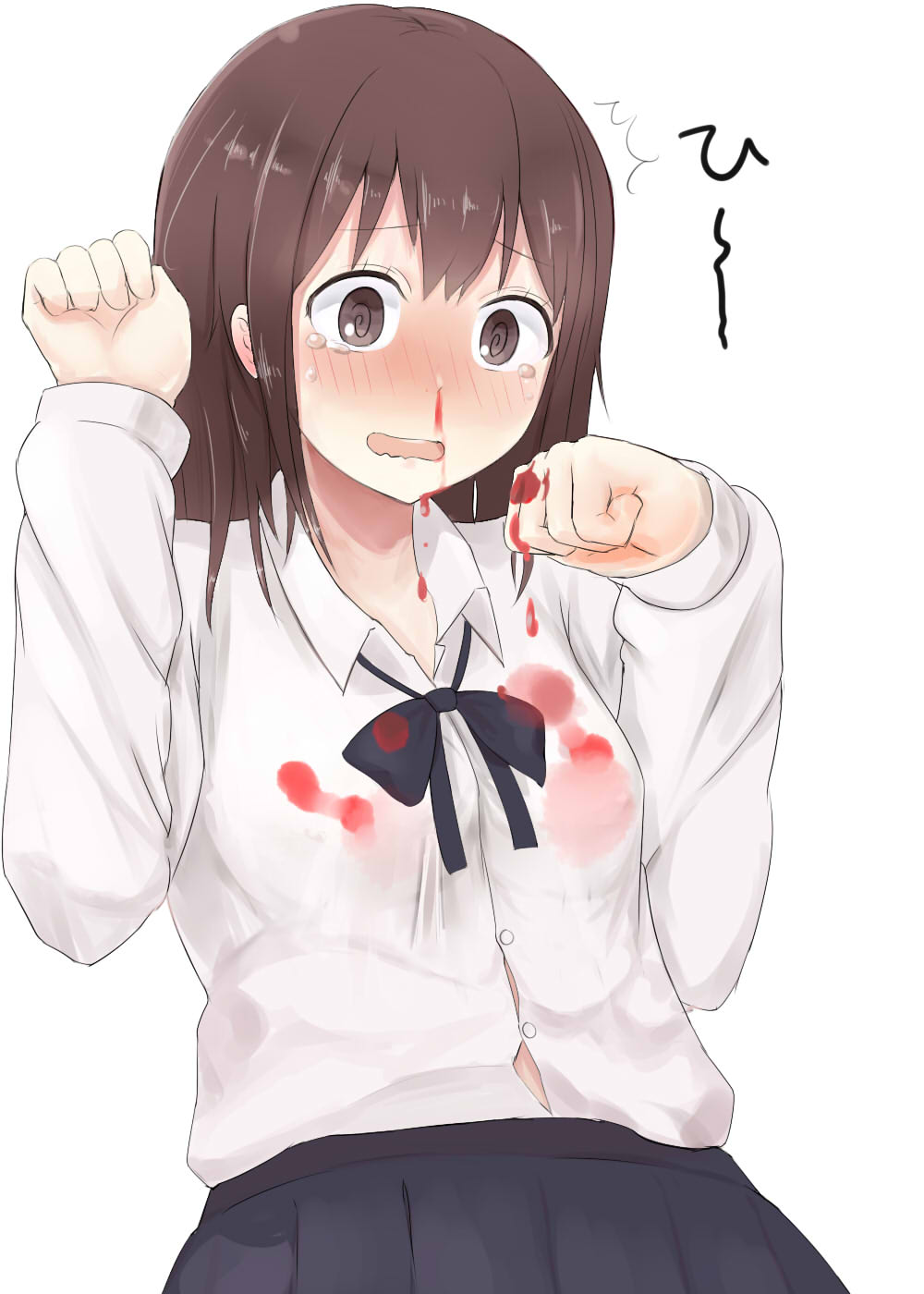 1girl, @_@, blood, bloody_clothes, blush, bow, brown_eyes, brown_hair