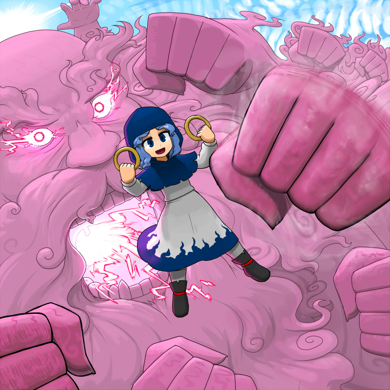 1girl, blue_eyes, blue_hair, clenched_hands, clouds, cloudy_sky, commentary_request, dutch_angle