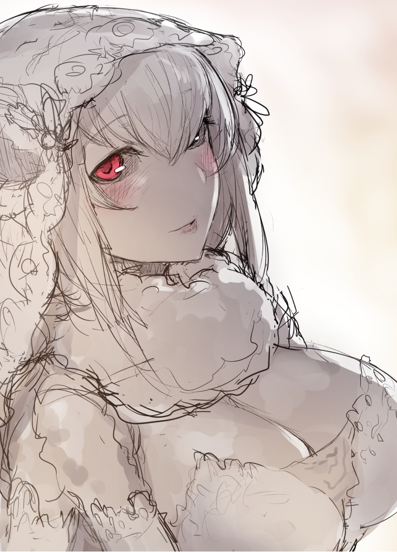 1girl, black_sclera, breasts, cleavage, elbow_gloves, fur_collar, gloves, insect_girl, large_breasts, long_hair, monochrome, monster_girl, moth_girl, original, red_eyes, sketch, solo, soropippub, spot_color, veil