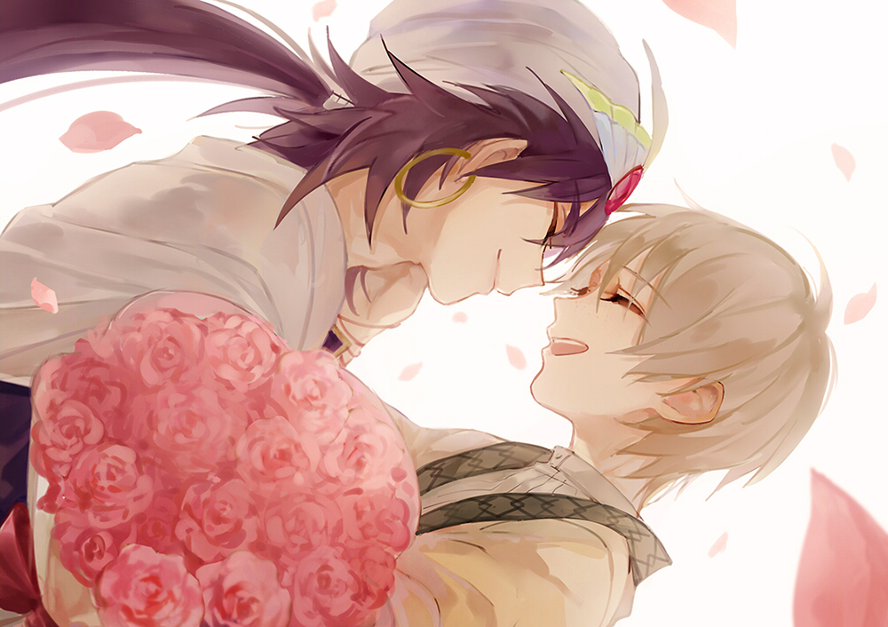 2boys, backlighting, bouquet, closed_eyes, earrings, flower, freckles, hand_on_another's_cheek