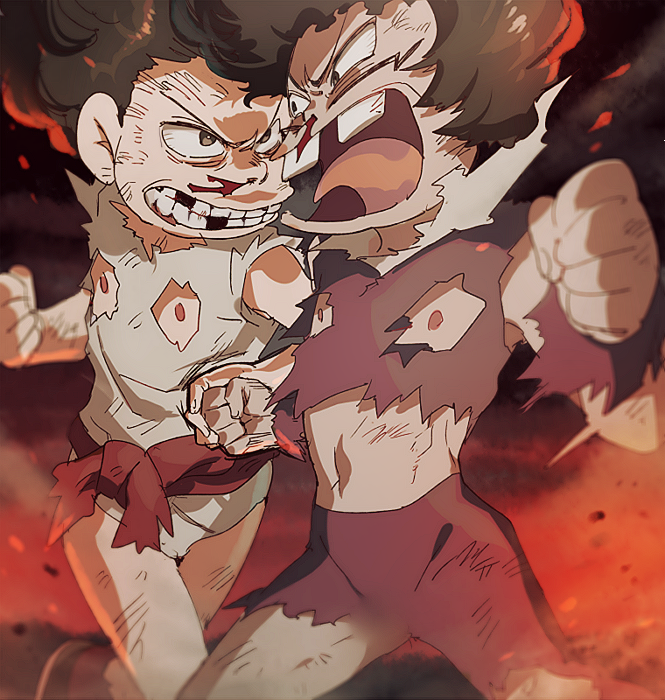 afro, aoki_(fumomo), blood, blur, broken_teeth, buck_teeth, clenched_hand, facial_hair