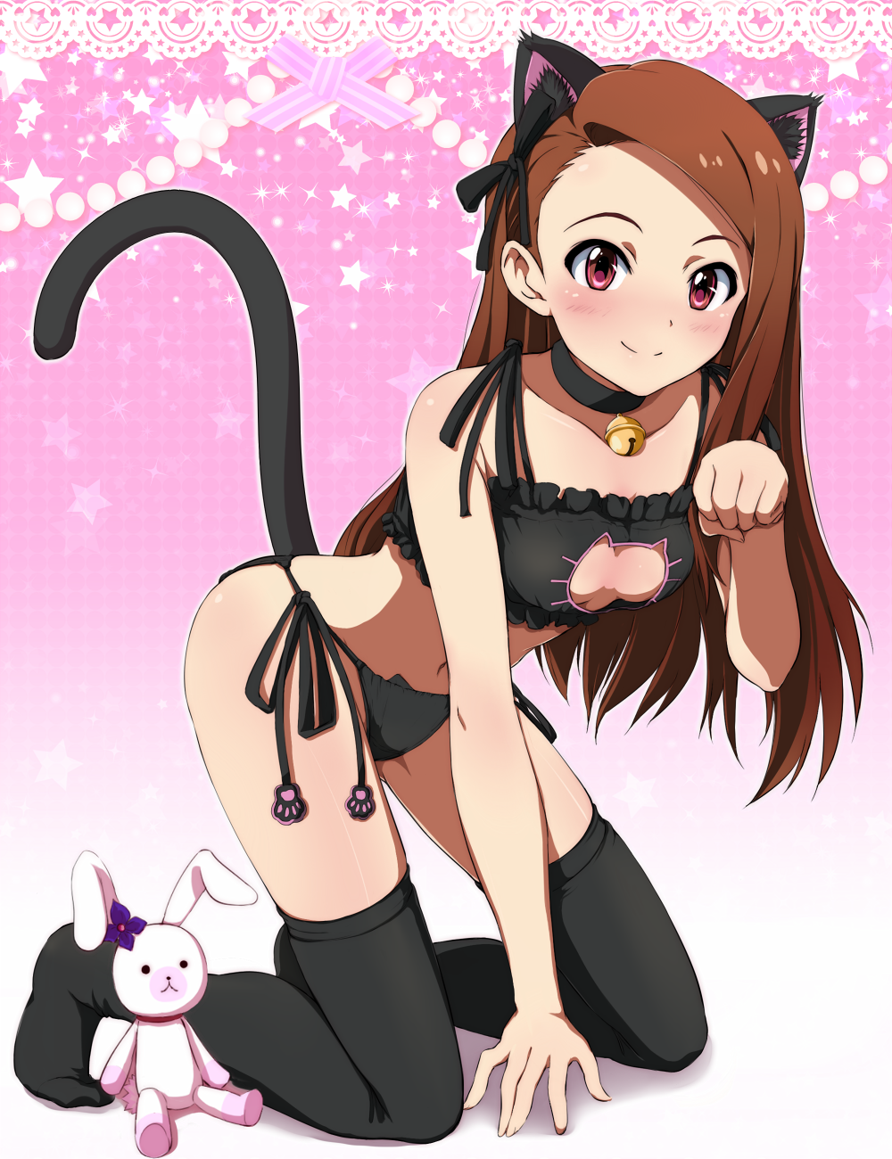 1girl, animal_ears, bell, bell_choker, black_legwear, black_panties, brown_eyes, brown_hair
