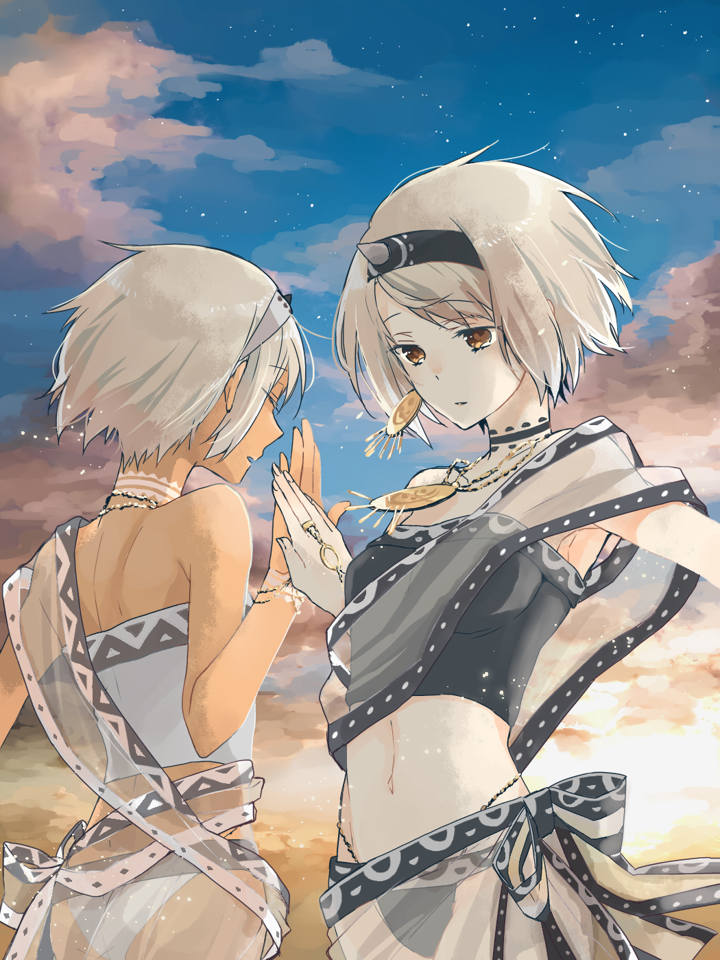 2girls, brown_eyes, closed_eyes, clouds, dark_skin, earrings, hair_ornament, hairband
