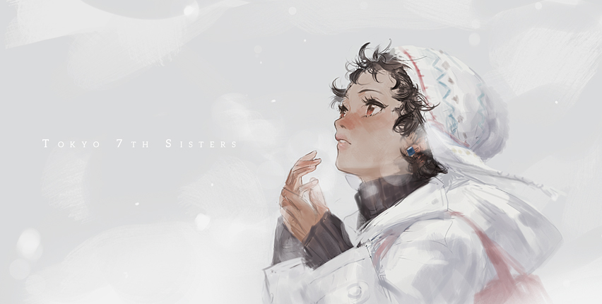 1girl, bag, black_hair, blush, brown_eyes, coat, dark_skin, earrings, ekao, hat, jedah_diamond, jewelry, looking_up, short_hair, snow, solo, tokyo_7th_sisters