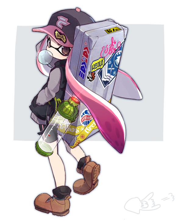 1girl, ameko-107, ankle_boots, baseball_cap, bike_shorts, black_vest, boots, brown_boots, brown_eyes, bubble, bubblegum, domino_mask, from_behind, gem, glowing, grey_background, grey_shirt, hands_in_pockets, hat, ink_tank, inkling, long_sleeves, looking_at_viewer, looking_back, mask, pink_hair, ruby_(stone), shirt, shoe_soles, simple_background, slit_pupils, solo, speed_lines, splatoon, squid, suitcase, tentacle_hair, twintails, two-tone_background, visible_air, walking, white_background