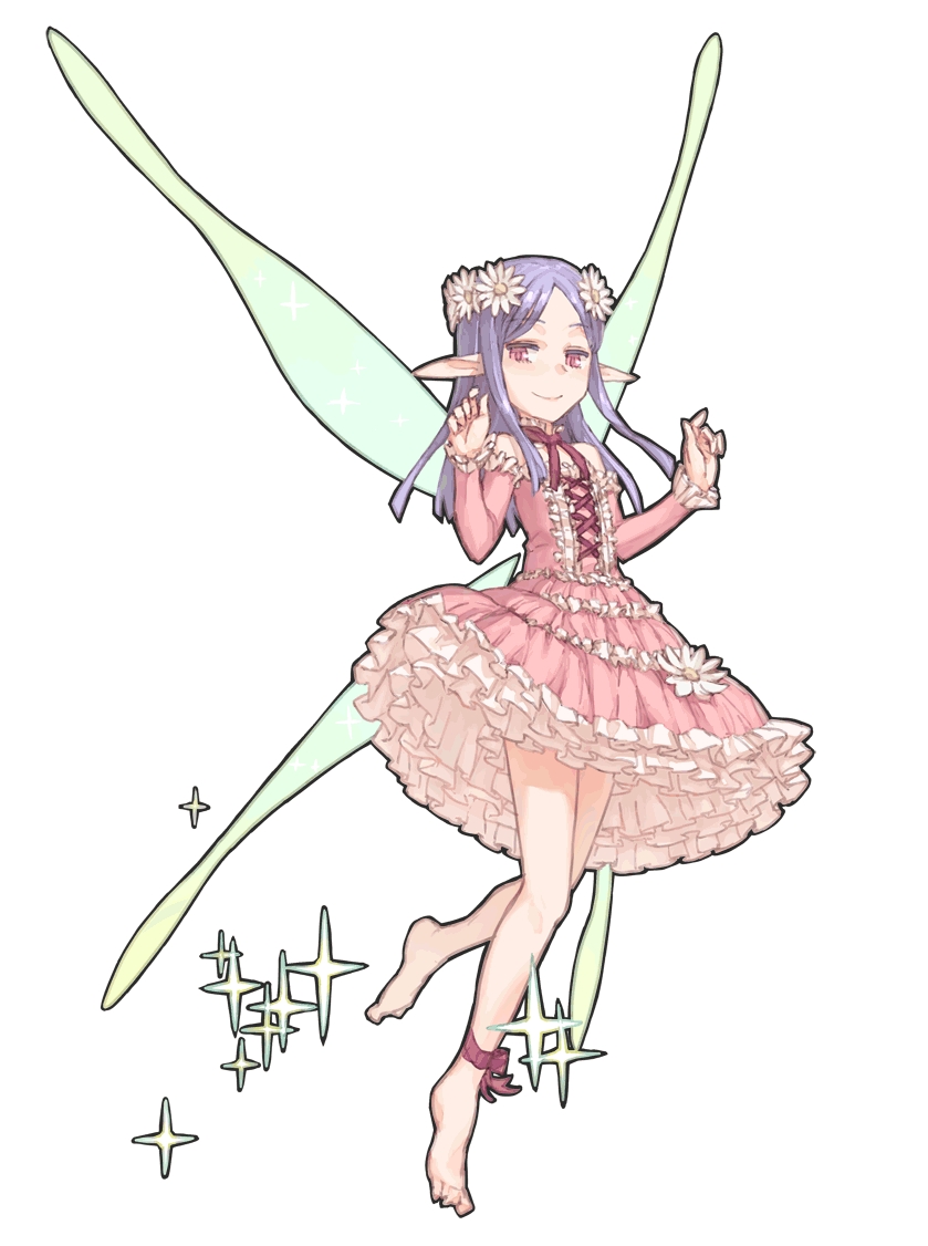 1girl, ankle_ribbon, bangs, barefoot, character_request, detached_sleeves, dress, fairy