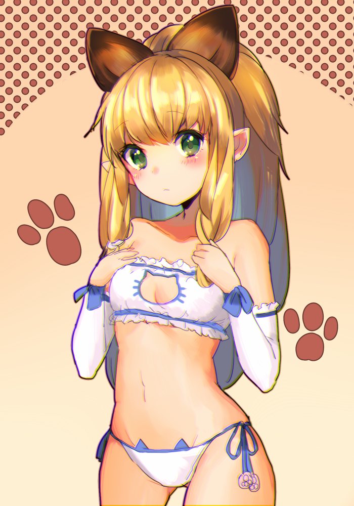1girl, animal_ears, bare_shoulders, blonde_hair, blush, braid, cat_ears, cat_lingerie