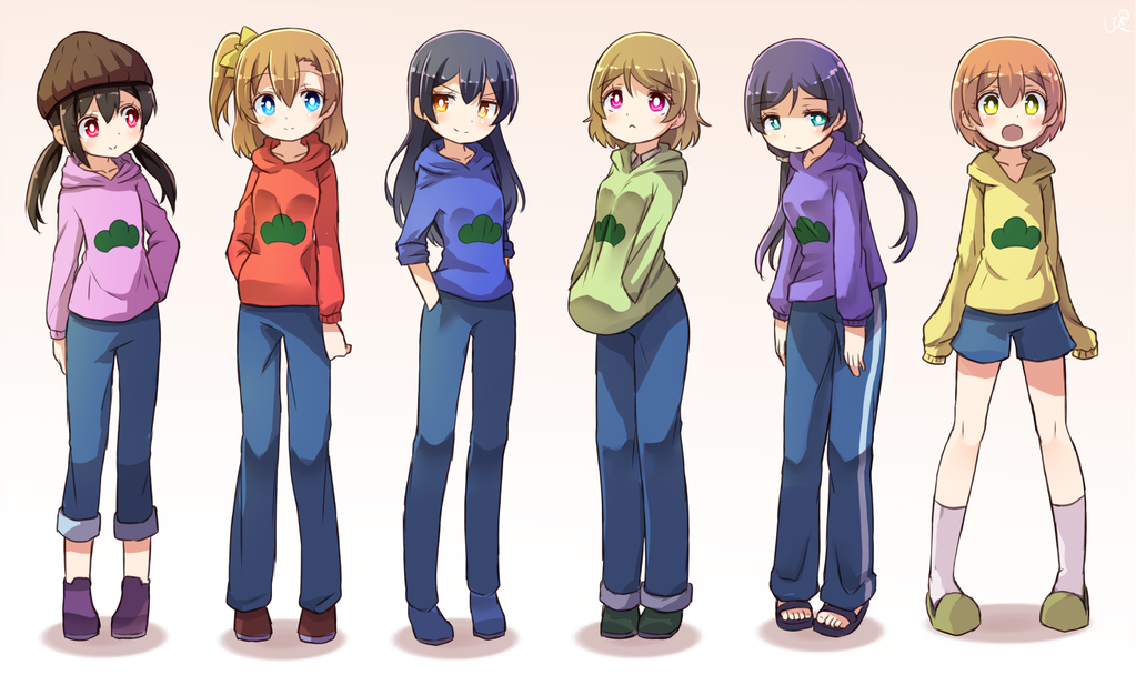 6+girls, :<, :d, aqua_eyes, beanie, blue_eyes, denim, full_body
