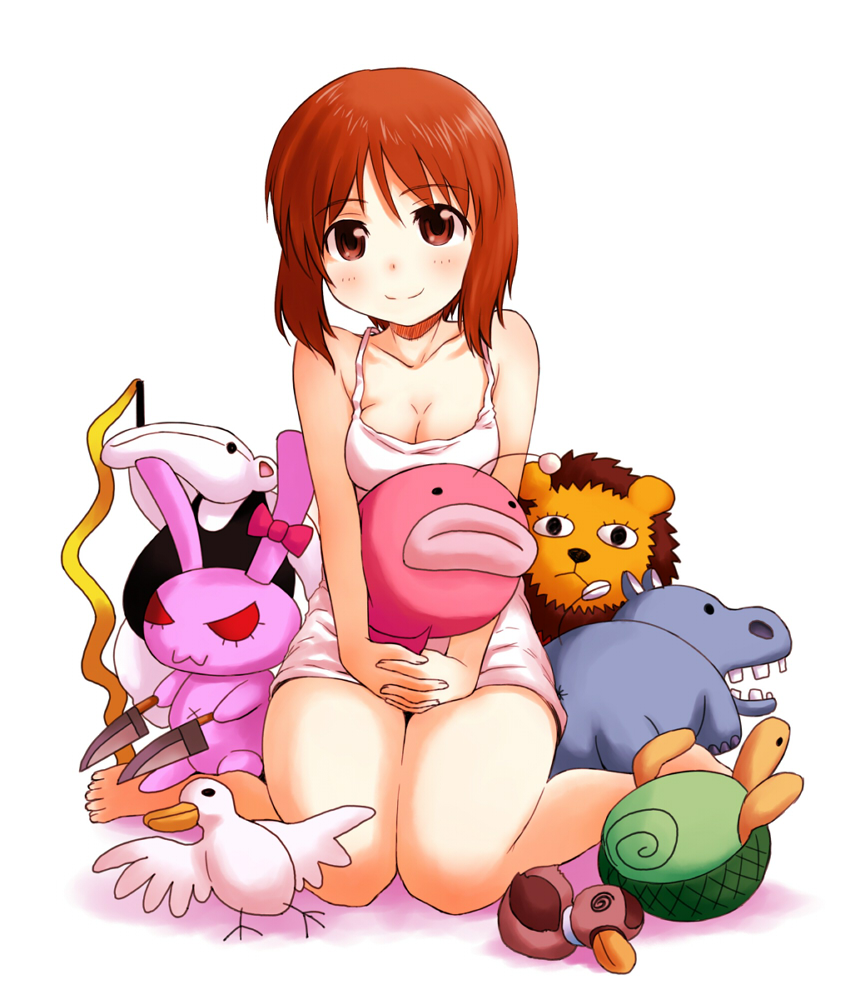 blush, breasts, brown_eyes, brown_hair, chemise, cleavage, collarbone, girls_und_panzer