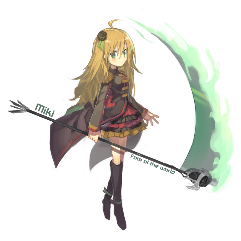 1girl, ahoge, antenna_hair, blonde_hair, character_name, coat, dress, flower, frills, green_eyes, hair_flower, hair_ornament, hoshii_miki, idolmaster, kokaki_mumose, long_hair, ribbon, scythe, smile