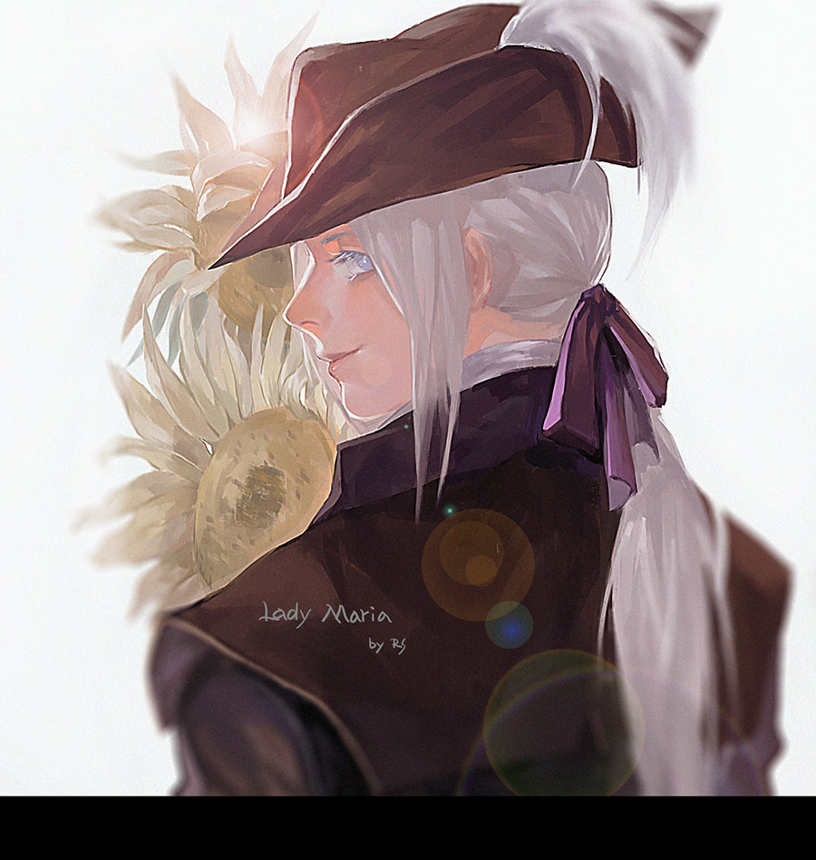 1girl, bloodborne, cape, collar, grey_eyes, hat, lady_maria_of_the_astral_clocktower, long_hair