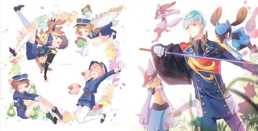 5boys, ^_^, akita_toushirou, aqua_hair, armor, atsushi_toushirou, black_hair, brown_eyes