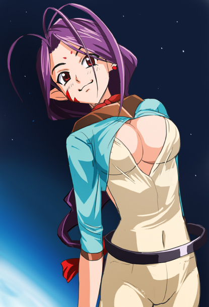 1girl, belt, bodysuit, breasts, cleavage, covered_navel, cowboy_shot, facial_mark
