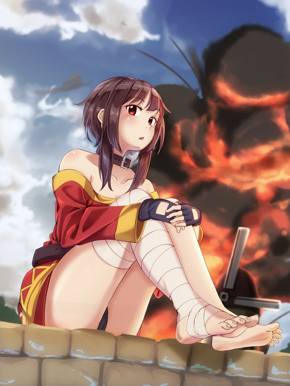 1girl, bandaged_leg, bandages, bare_shoulders, barefoot, belt, brown_hair, casino_(pixiv468133), clouds, cloudy_sky, collar, collarbone, explosion, feet, fingerless_gloves, gloves, highres, kono_subarashii_sekai_ni_shukufuku_wo!, legs, long_sleeves, megumin, red_eyes, short_hair, sitting, sky, soles, solo, toes, windmill