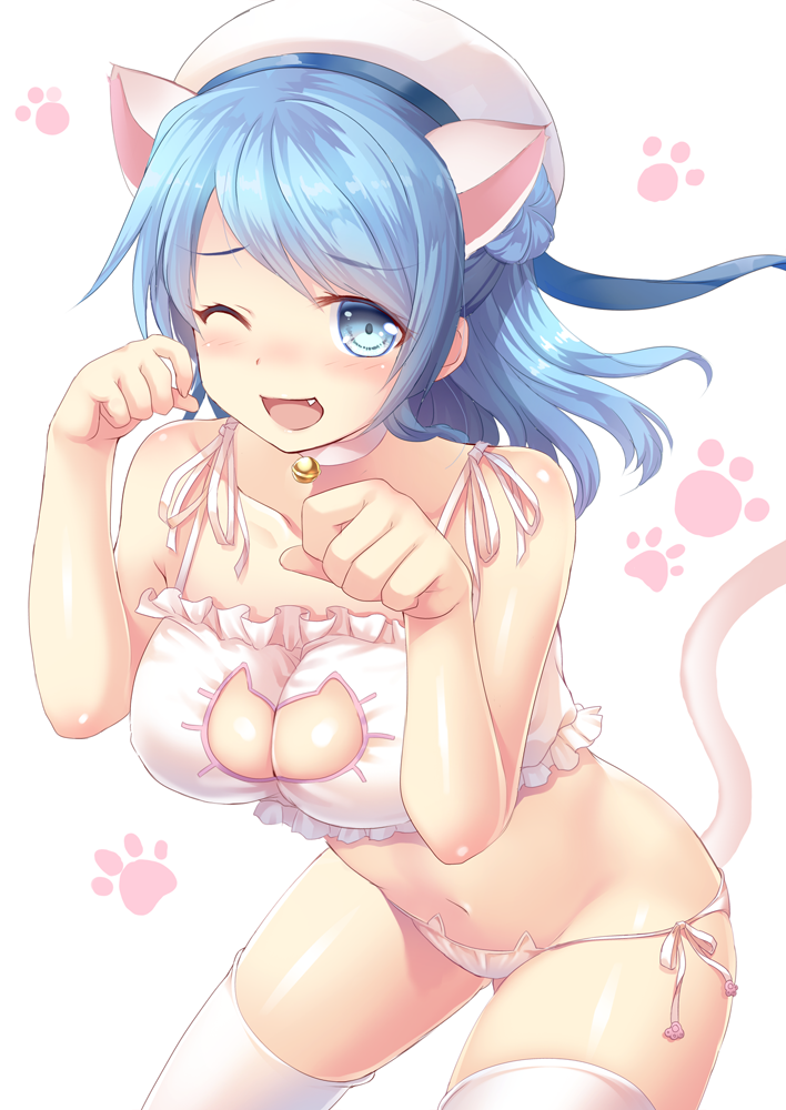 1girl, animal_ears, blue_eyes, blue_hair, cat_ears, cat_lingerie, cat_tail, fang