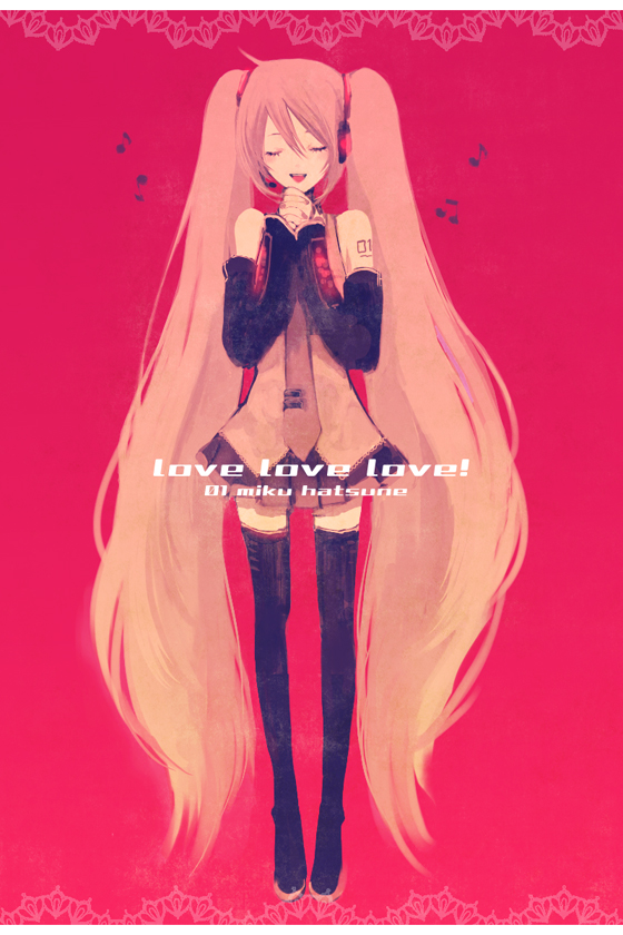 closed_eyes, detached_sleeves, hatsune_miku, headphones, headset, long_hair, musical_note, necktie