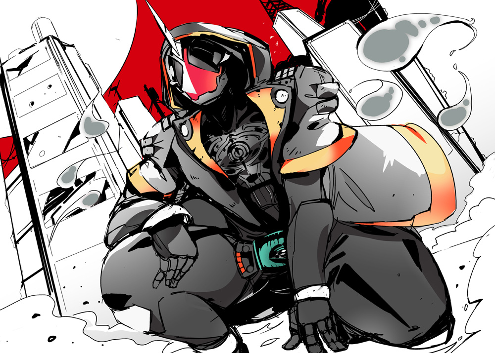 1boy, building, daison, hood, hoodie, horn, kamen_rider, kamen_rider_ghost, kamen_rider_ghost_(series), male, ore_damashii, satellite, solo, squatting