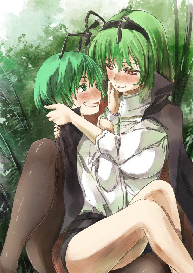 2girls, antennae, blush, breasts, capelet, cosplay, eye_contact, green_eyes
